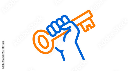 A stylized blue hand firmly grips an orange key, symbolizing access, solutions, and achievement.