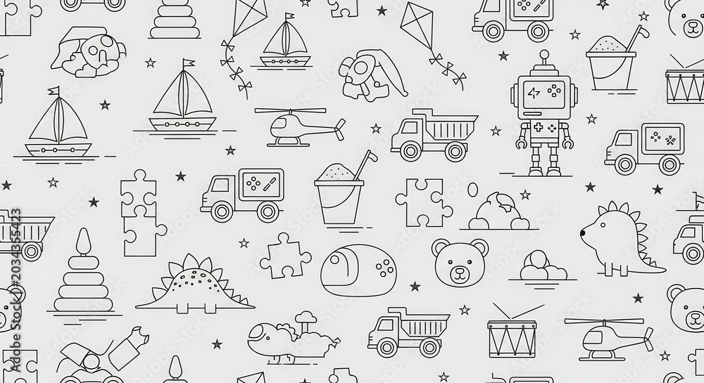 Fototapeta premium Seamless Pattern of Kids Toys Line Art Icons Including Robot, Dinosaur, Truck, and Sailboat