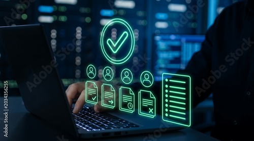 Digital compliance check and quality assurance icon, professional using laptop for data verification, cybersecurity and document management system
