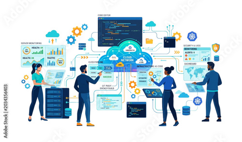Obraz na płótnie DevOps engineers cloud systems management vector illustration for web developmen