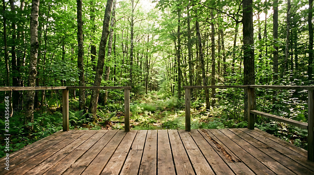 Fototapeta premium Wooden deck in the middle of a dense forest peaceful scenery