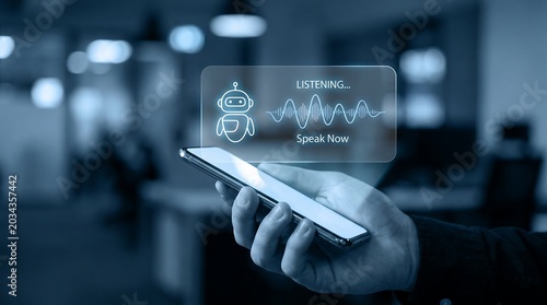 Futuristic AI voice assistant on smartphone, digital chatbot interface with sound wave, smart mobile technology for business communication