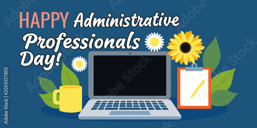 Tableau sur toile Laptop sunflowers and mug illustration for administrative professionals day