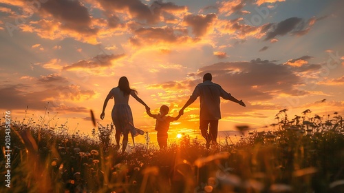 Silhouette d'une famille heureuse avec père, mère et fils courant main dans la main dans un champ au coucher du soleil pour la fête des pères, amour et liberté.