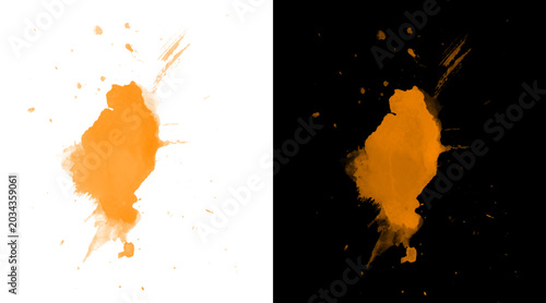 Obraz na płótnie Orange watercolor splash on white and black background, vibrant ink splatter tex