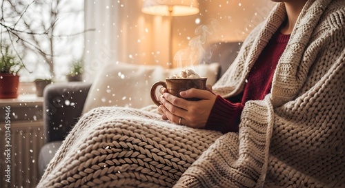 Person wrapped in a knitted blanket holding a steaming mug during a snowy winter day indoors.