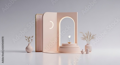 Minimal product display podium with arch and decorative dried plants