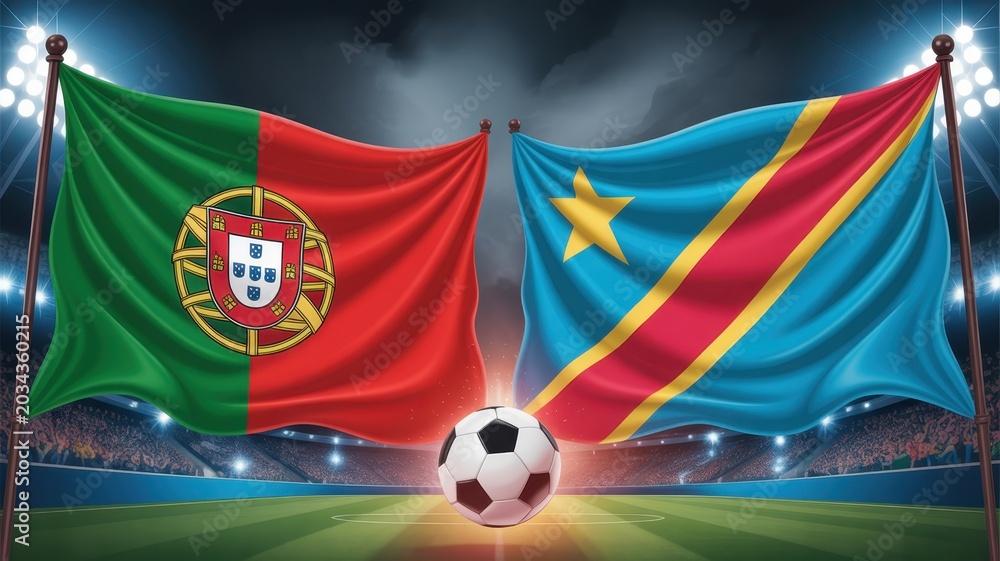 Fototapeta premium Portugal against democratic republic of congo soccer game with waving flags and ball on center field.