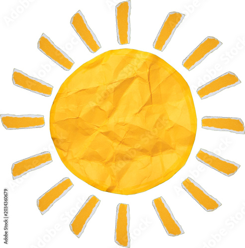 Yellow sun with rays made from torn paper isolated on white background for creative design and artistic projects