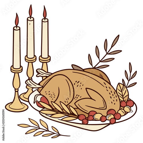 Photos Roasted thanksgiving turkey dinner with lit taper candles and autumn berries