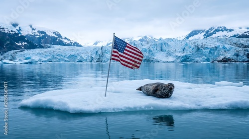United states flag planted on floating ice floe with seal resting near glacier mountains.