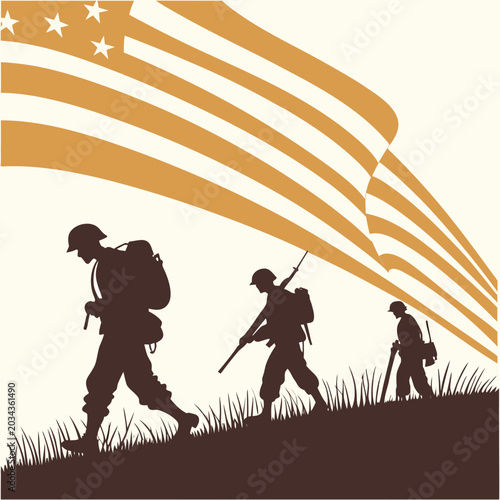 Fotografía Silhouette of soldiers walking across grassy hill under american flag