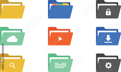 Fotografi Colorful Digital File Folder Icon Set Featuring Cloud Storage Media Video Play L
