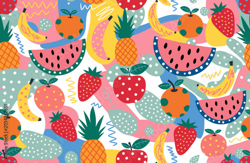 Colorful Fruit Pattern Vector Illustration with Abstract Shapes and Playful Background