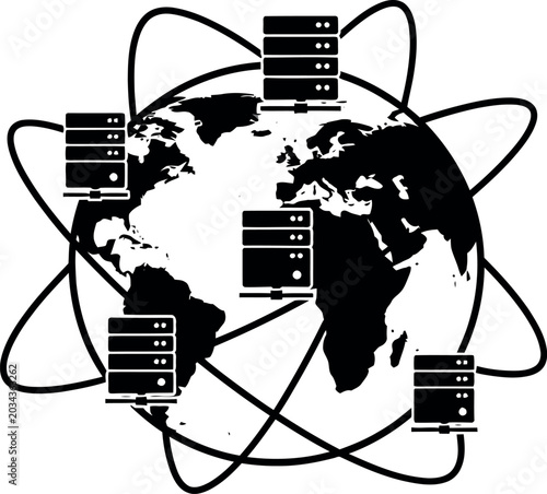 Global network of data servers and connected computer systems illustrating international technology infrastructure and digital communication networks
