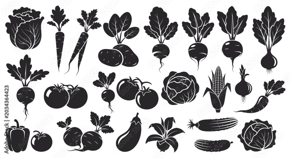 Fototapeta premium Variety of fresh vegetables in black silhouette on white background including carrots beets cabbage and more for healthy eating and cooking concepts