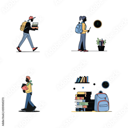 Premium Flat Design Back to School Background Layout, Showcasing Creative School Bus Graphics, Vibrant Stationery Icons.