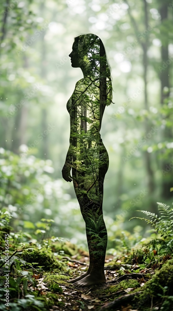 Fototapeta premium World Environment Day : The female silhouette merges with the lush, vibrant forest, creating a powerful visual of nature and humanity’s connection