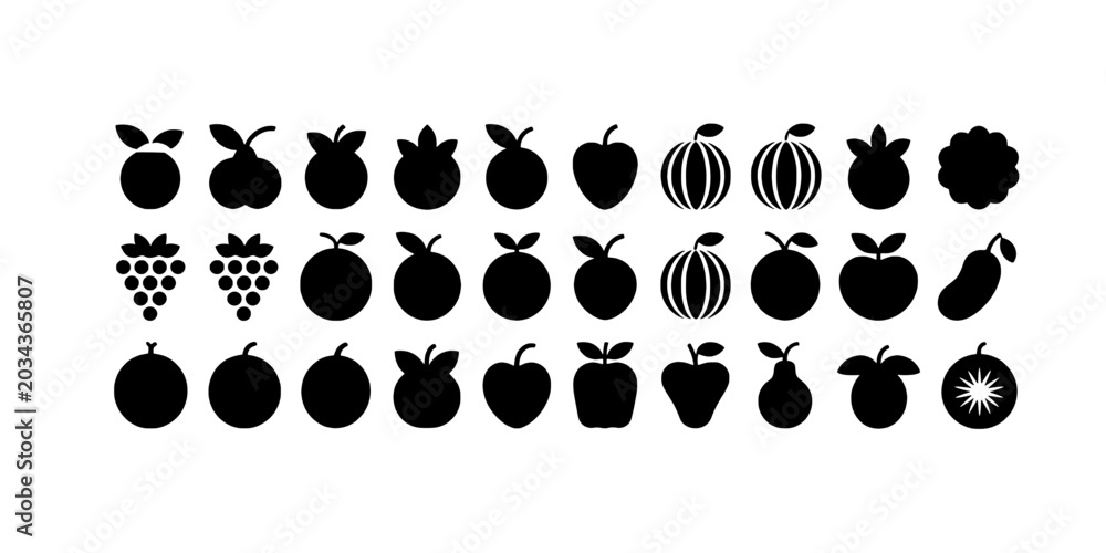 Fototapeta premium Fruits collection with apples, grapes, pears, and watermelons in black and white icons featuring food, healthy, nutrition with diet and healthy
