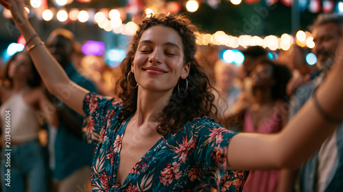 Photorealistic crowd dancing in France at Bastille Day with relaxed smiles, summer night lights, celebrating community and freedom