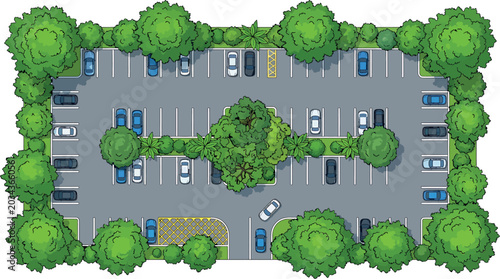 Fotografi Top view of a parking lot with cars parked in designated spaces, surrounded by l