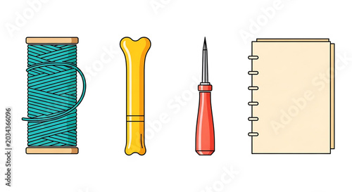A colorful vector graphic illustration of sewing and crafting tools and supplies