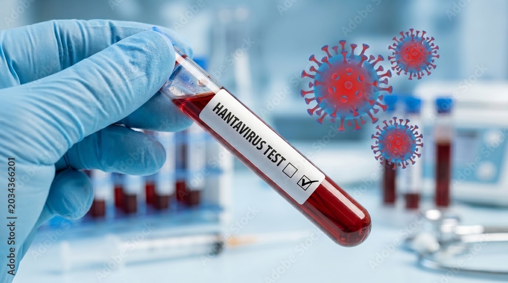 Fototapeta premium Medical professional wearing blue glove holding test tube with hantavirus test label.