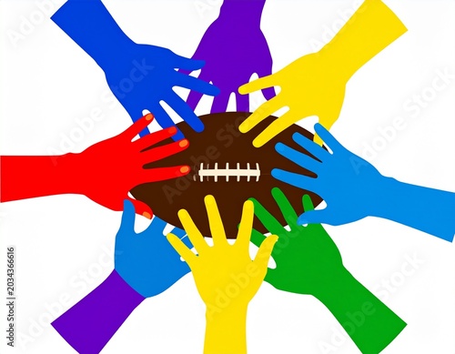 rainbow hands around a rugby football 