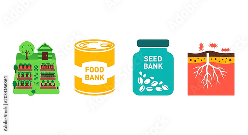 A colorful vector graphic illustration of food and seed banks with a soil cross-section