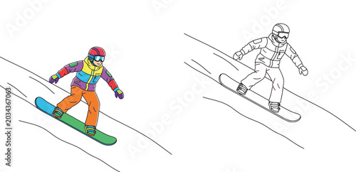 Cuadro en lienzo Cartoon snowboarder illustration in vibrant color and black and white outline