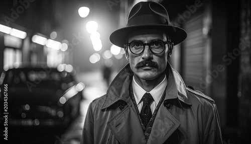 Man in trench coat and hat standing on city street at night.