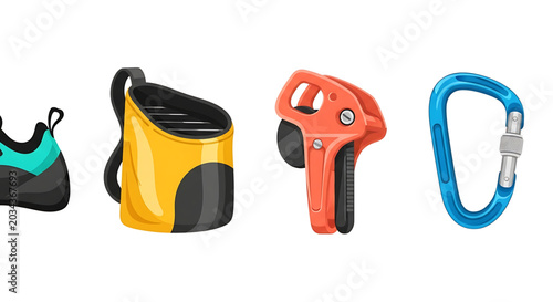 A colorful illustration of climbing gear including a shoe, chalk bag, belay device, and carabiner.