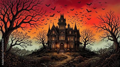 A spooky haunted house with bats flying around at sunset