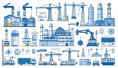 Industrial Factory Icons and Machinery Illustrations.