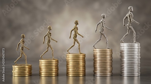 A creative sculpture of skeletons on coins shows financial progression