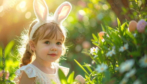 Young Girl Wearing Bunny Ears in Garden.