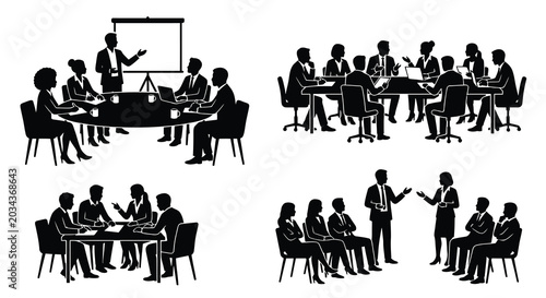 Konstfotografi Silhouettes of business professionals engaged in meetings presentations and disc