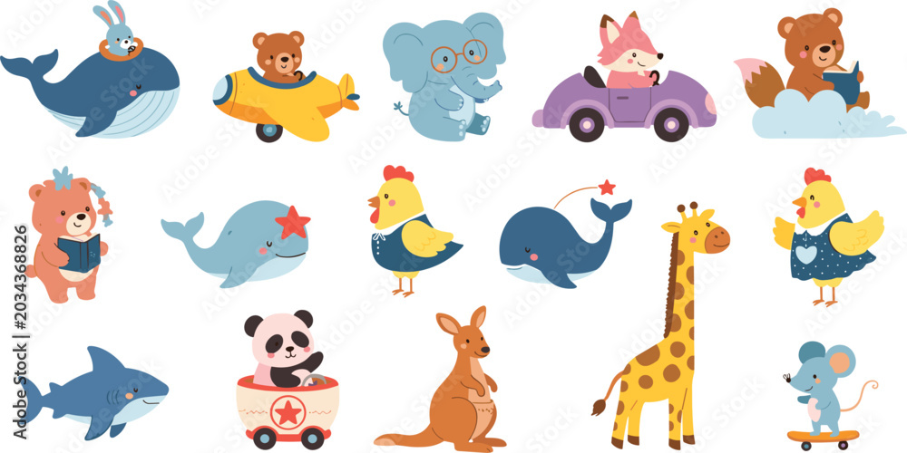Fototapeta premium Cute cartoon animal adventure collection vector illustration featuring whales, bears, foxes, giraffes, pandas, and playful fantasy character designs