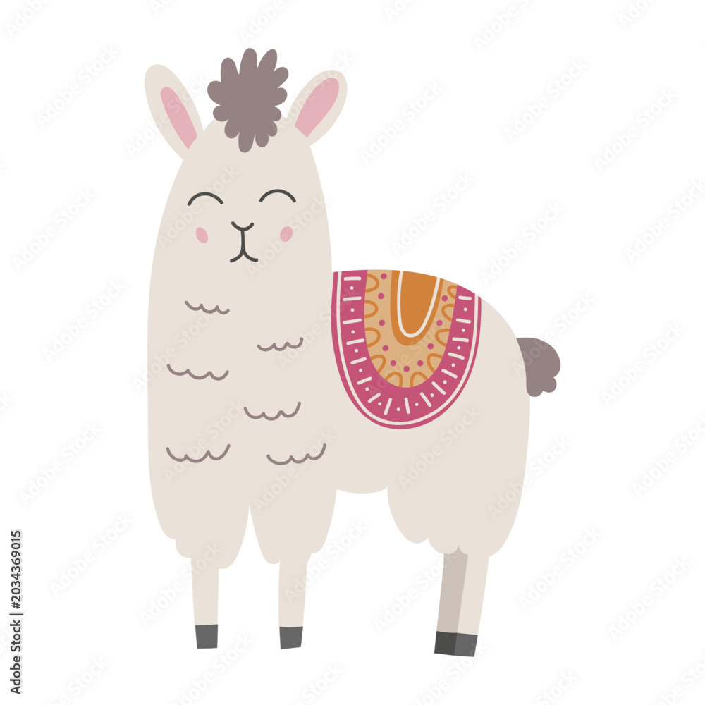 Fototapeta premium Cute alpaca animal. Hand drawn funny alpaca relaxing and enjoying life in color cartoon childish style