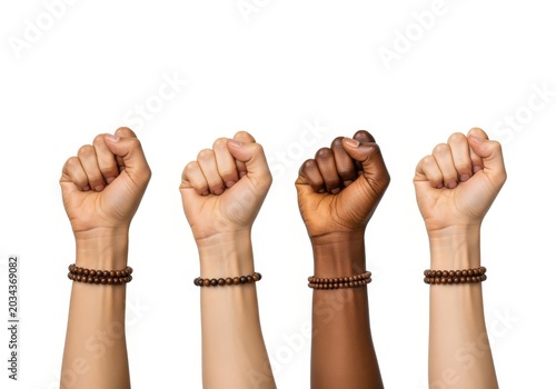 Four fists raised in solidarity with beaded bracelets symbolizing unity and strength