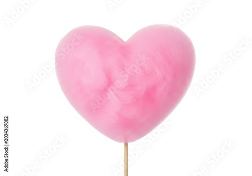 A heart-shaped pink cotton candy on a stick against a plain background