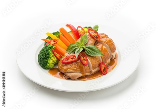 Colorful vegetable and meat dish served on a white plate
