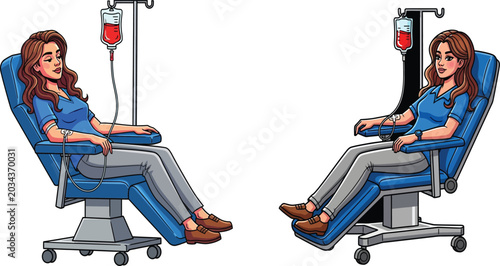 Woman receiving intravenous therapy with medical drip vector illustration on white background female person patient healthcare treatment infusion fluid blood transfusion hospital clinic care health