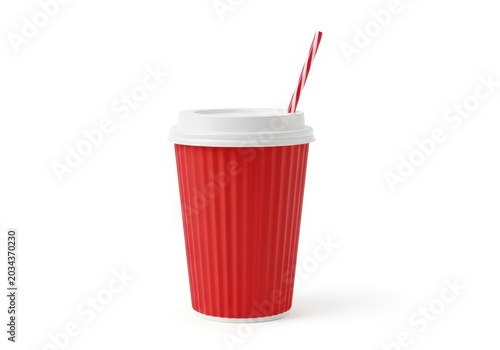 A red disposable coffee cup with a plastic lid and matching straws.