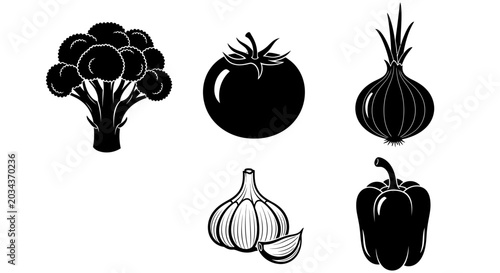 Vegetable icons including broccoli tomato onion garlic and bell pepper in black silhouette on white background