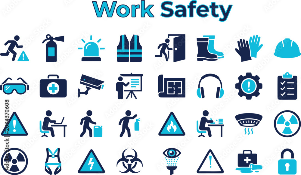 Fototapeta premium Work safety icon set collection in solid glyph style, goggles, hard hat, engineer, exit, first aid, glove, and an icon pack containing safety.