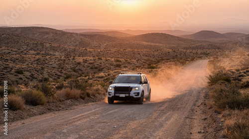 White security patrol vehicle driving on a dusty dirt road through a desert landscape during sunset, executing border surveillance duties.