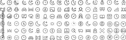 Photos A collection of diverse outline icons representing various aspects of sleep, time, and dreams