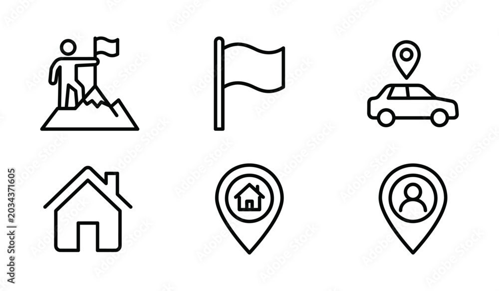 Fototapeta premium Collection of line icons representing achievement and navigation a person reaching a mountain peak with flag