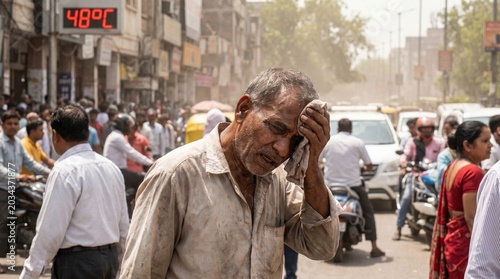 Man endures sweltering 48°C heat in a crowded city street, visibly struggling with extreme temperatures during a severe heatwave